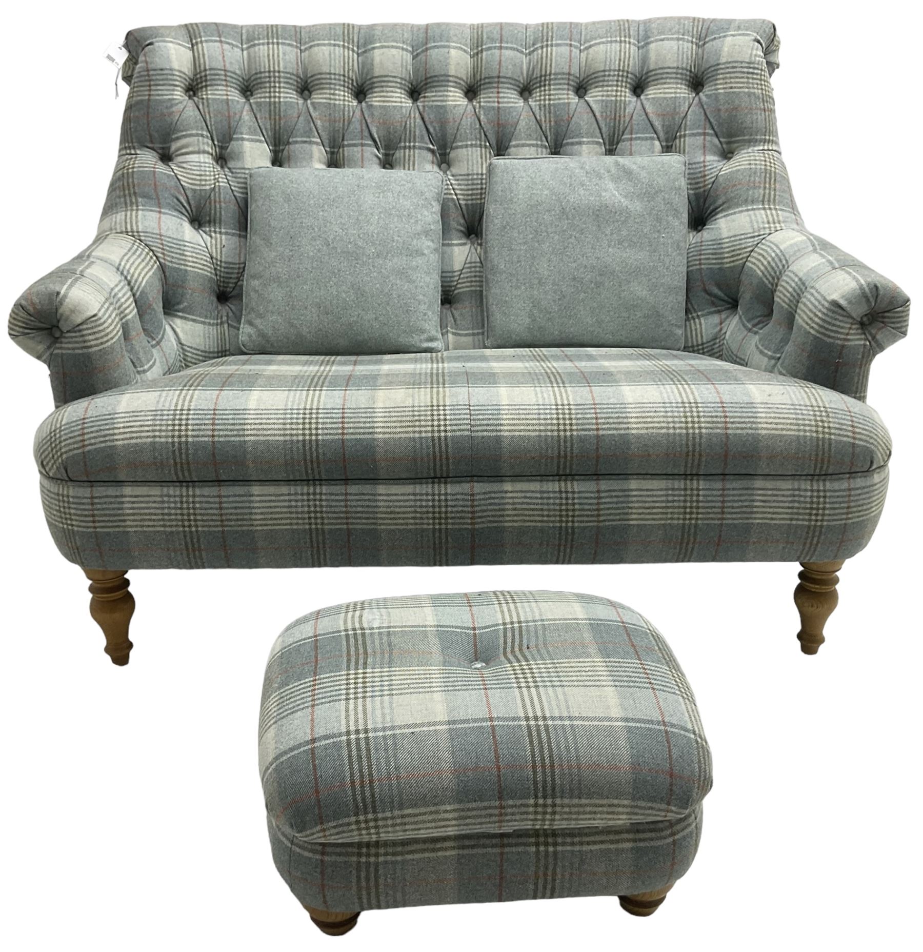 Wood Bros Furniture - 'Pickering Compact Two Seater Sofa', high rolled back, upholstered in buttoned 'Abraham Moon Huntingtower Celestial Fabric' in blue tartan, raised on turned oak feet, with matching footstool