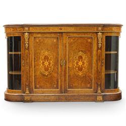 Large fine Victorian figured and burr walnut credenza, the breakfront D-shaped top with mo...
