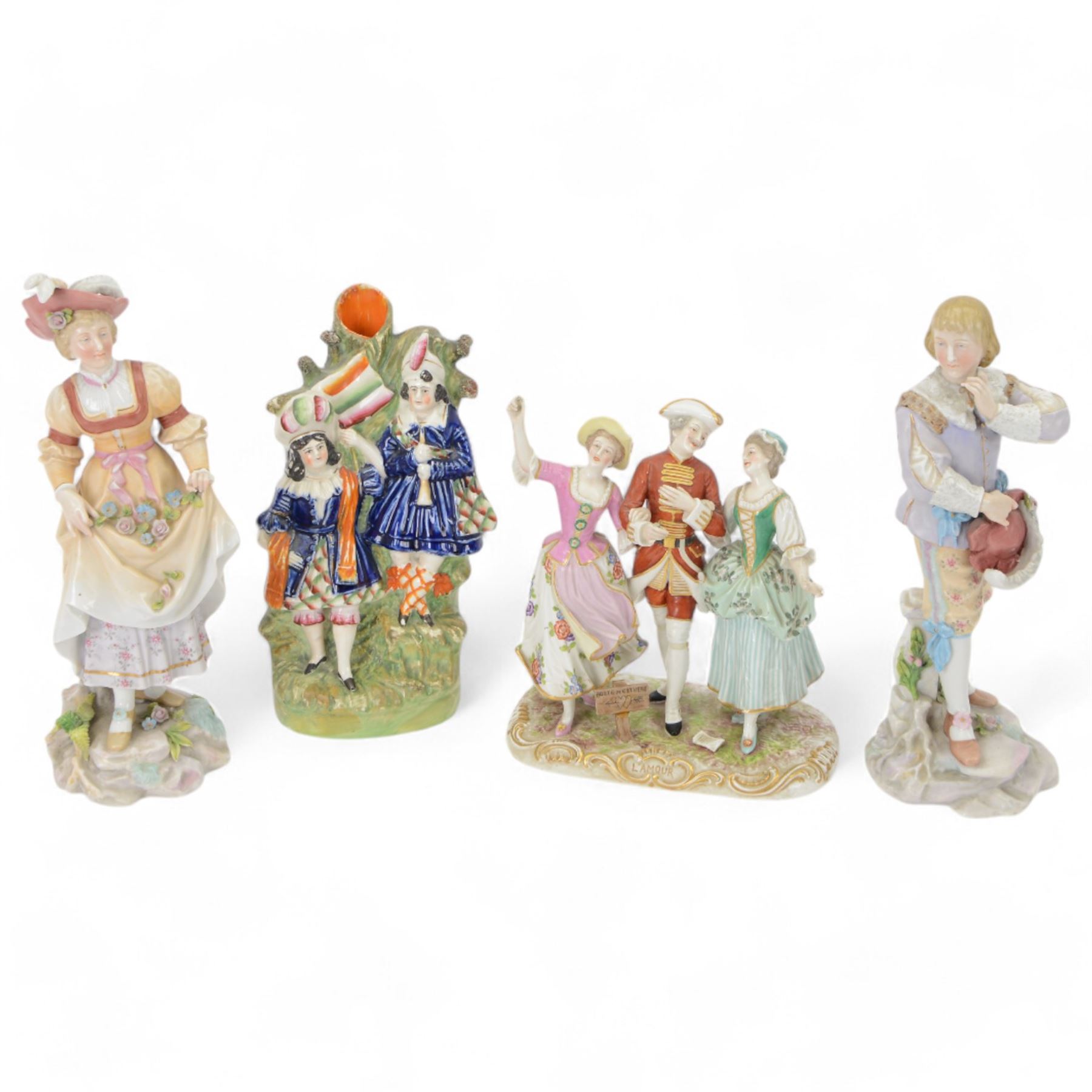 Continental figure group L' Amour,, together with a pair of courting figures and Staffordshire spill vase 