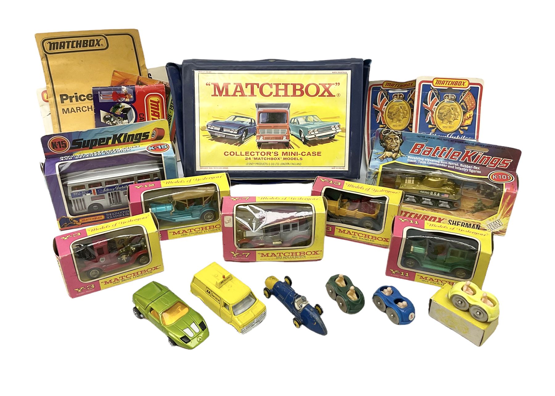 Matchbox - Collector's Mini-Case with twenty-three playworn models; five MOY models Y-3, Y-7, Y-11, Y-12 & Y-13; K101 Battle Kings Sherman Tank; K-15 Super Kings Jubilee Bus; all boxed; two blister packed Jubilee Buses; three 1970s Matchbox catalogues; Dinky Ferrari racing car; and other items