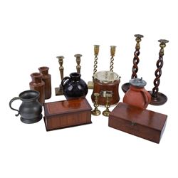 Pair of Barley open twist candlesticks, together with a similar brass pair, wooden biscuit...