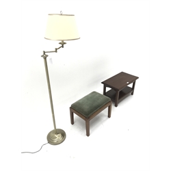 Brushed brass finish adjustable standard lamp (H154cm) a mahogany side table and a stool (3)
