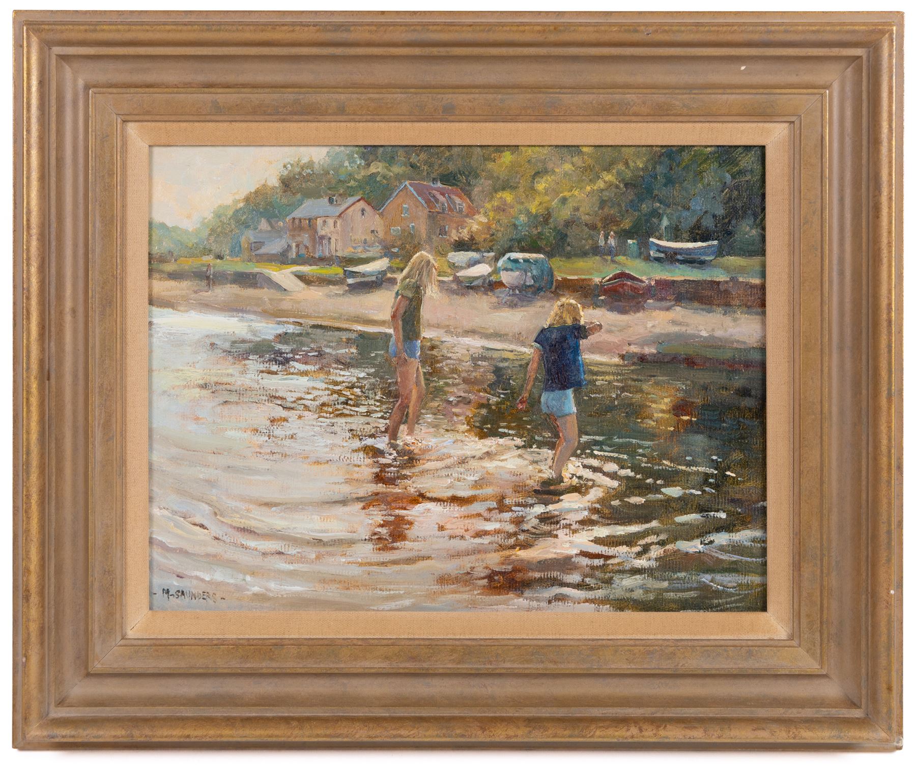 Michelle Saunders (British 1936-): Paddling in the Sunshine, oil on canvas signed 26cm x 34cm 