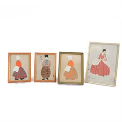 Four silkwork embroidery portraits, including two Dutch women, man smoking a pipe and a woman in period dress, all framed