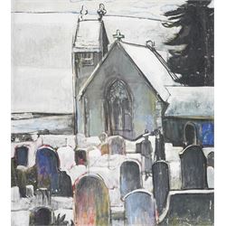 John Gilbey Bowles (British 1929-2011): 'The Church That Died', oil on unstretched canvas signed inscribed and dated 1977 verso 86cm x 76cm (unframed)