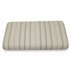 Footstool upholstered in striped fabric, with turned dark stained tapered feet