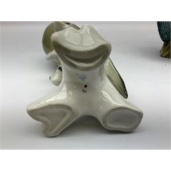 Karl Ens figure of a green woodpecker, modelled perched upon branch, model no. 7527, together with Karl Ens figure of budgie and Beswick Kingfisher no. 2371, all with printed marks beneath, tallest H25cm