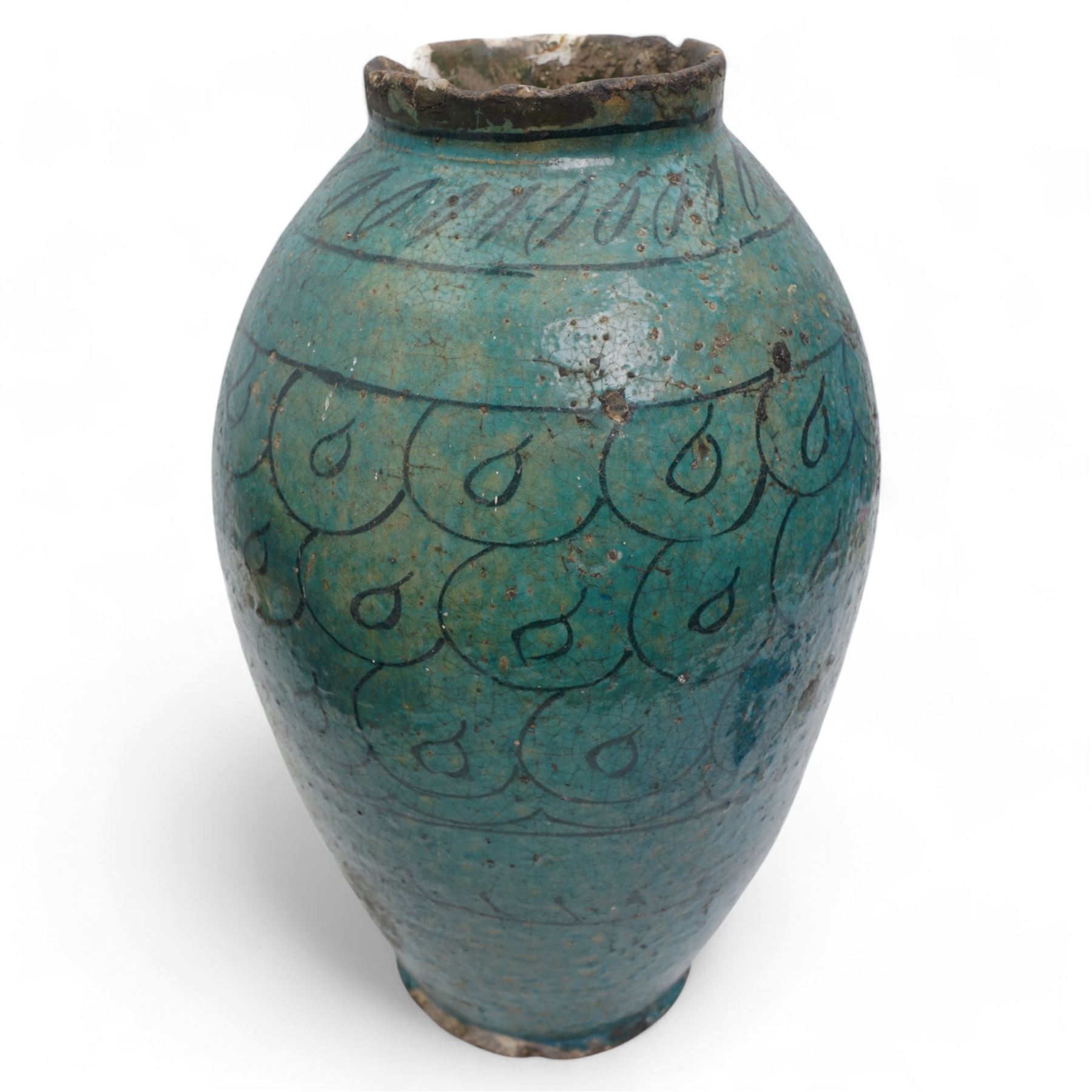12th to 13th century impressive Persian Kashan fritware or stonepaste pottery storage jar or vase of ovoid form, decorated in dark indigo under a turquoise glaze with a series of horizontal lines and repeating looped shapes to the body, on everted footed base, H39cm
Provenance: this vase was reputedly unearthed in the late 19th century in Egypt by Lord William Amherst (1835-1909), an English diplomat, colonial administrator, antiquarian collector and patron of excavations in Egypt. Lord Amherst is best known for his close association with Howard Carter, the archaeologist who later uncovered the tomb of Tutankhamun. The Kashan vase was then passed down through direct family descent via Amherst's daughter, Geraldine, to the current vendor.