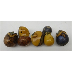  Five Japanese Meiji carved Tagua nut Netsukes each decorated with metallic pigment, all signed  (5) Provenance: private collection   