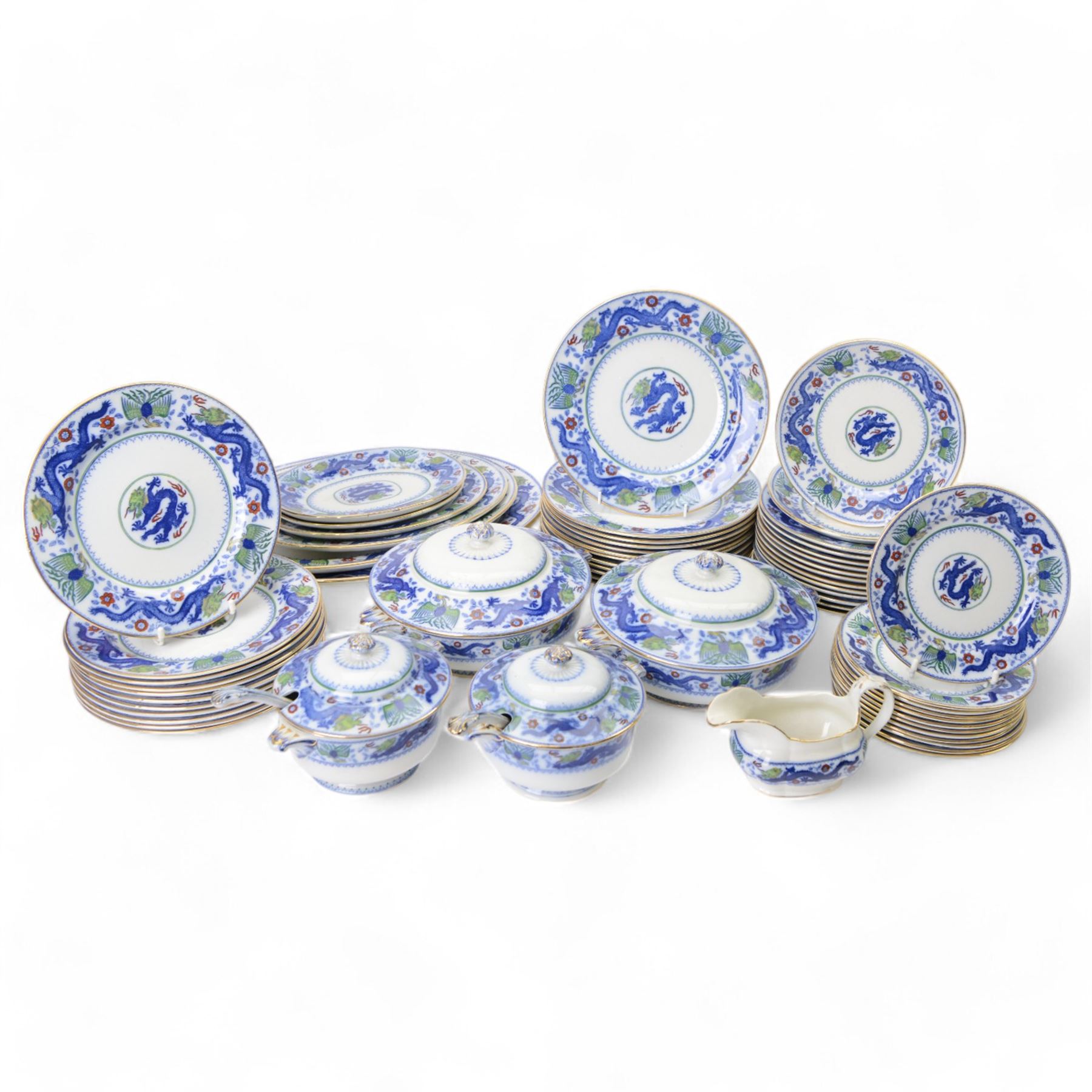 Minton Chinese Dragon and Bird pattern dinner service for twelve, including dinner plates, soup bowls, side plates in two sizes, covered serving dishes, platters etc 