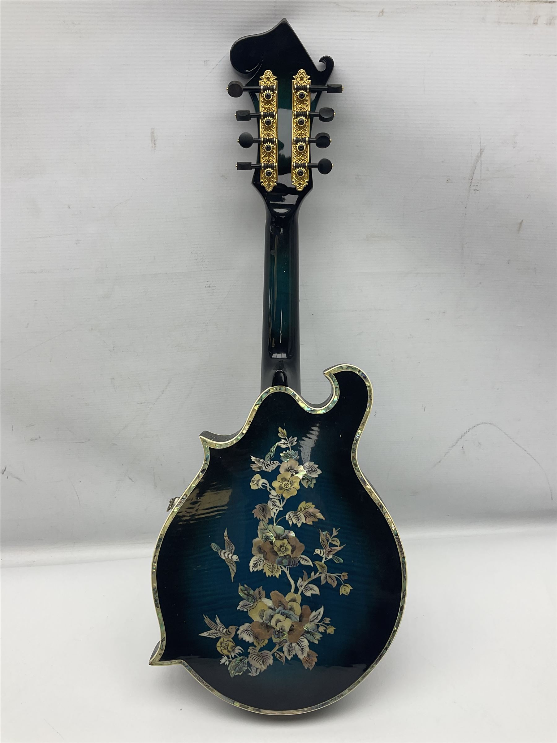 Eastern eight-string F-hole mandolin with blue sunburst finish and mother-of-pearl inlay of flowers and birds L69cm