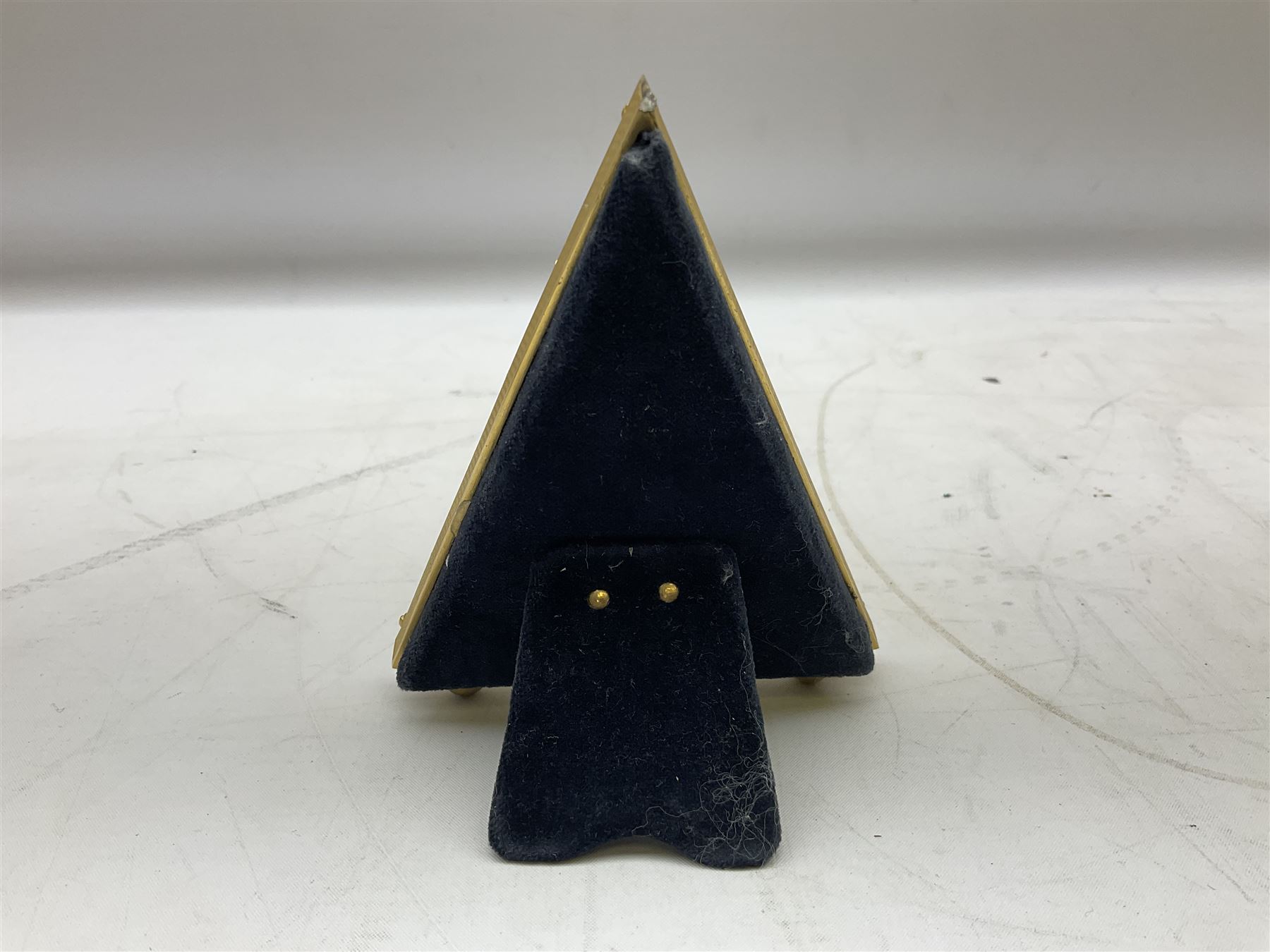 Kitney & Co small desk clock, in green guilloche enamel case of triangular form, decorated with gilt throughout, raised upon two bun feet, H12cm