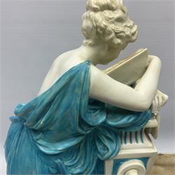 Rare 19th century Minton turquoise glaze majolica 'The Reader' flower holder, after Albert Carrier-Belleuse, modeled as a maiden in classical drapery reading whilst leaning against the pillar back of the helmet shaped cistern detailed with a caryatid and floral swags, the whole upon an oval plinth with Greek key border, with impressed marks beneath, H44cm