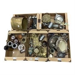 Large collection of metalware, to include decanters, teapots and fireside tools, in five boxes