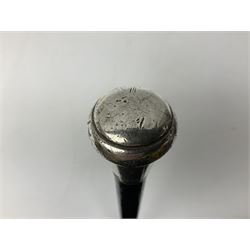 1920's silver topped walking cane, hallmarked London 1929, upon ebonised shaft, L88cm, together with a further walking cane with ivory handle, L78cm

