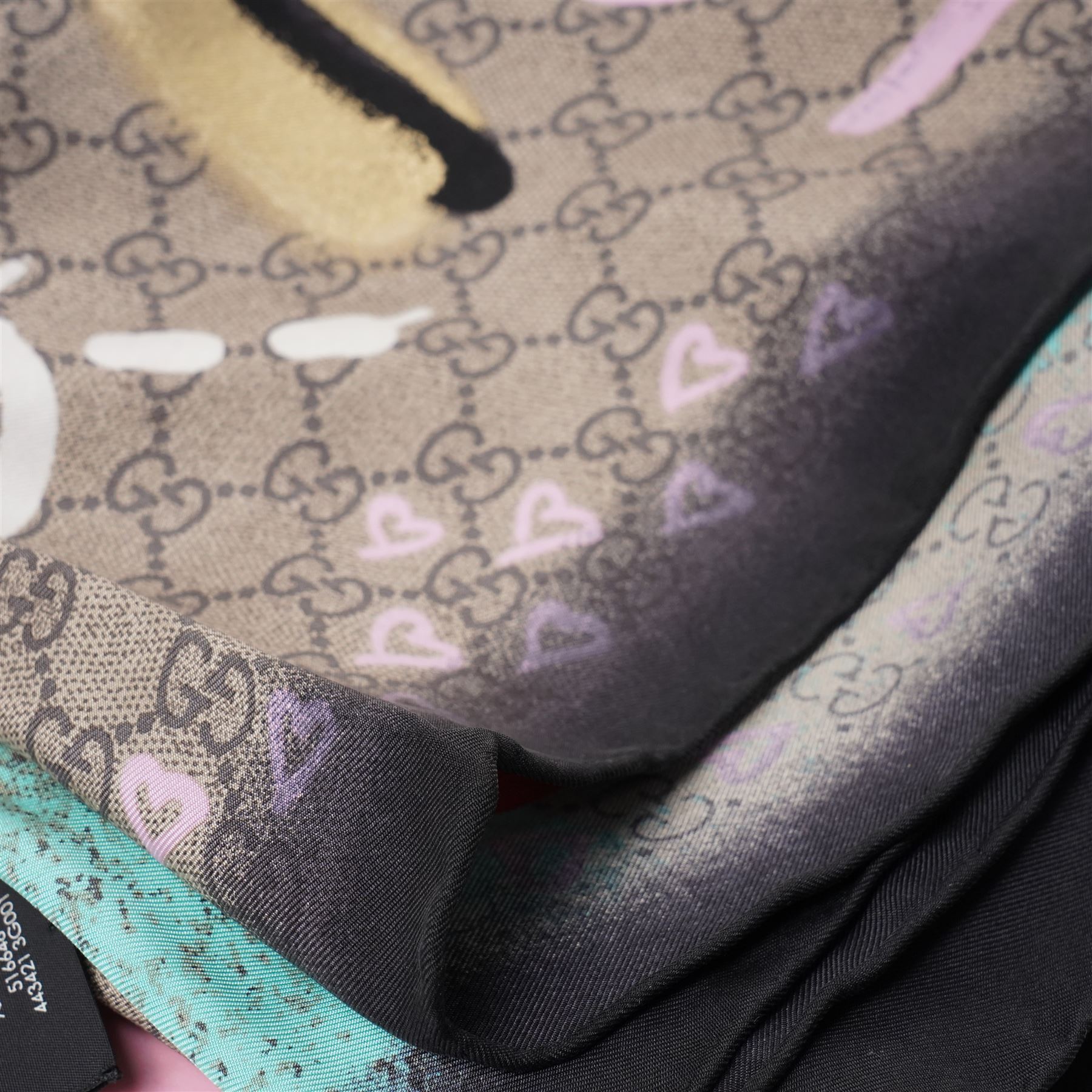 Gucci - 'Gucci Ghost' silk scarf, from the Trouble Andrew collaboration, with graffiti-style logo, heart and signature GG monogram design, 85cm x 85cm, unused with original box and label