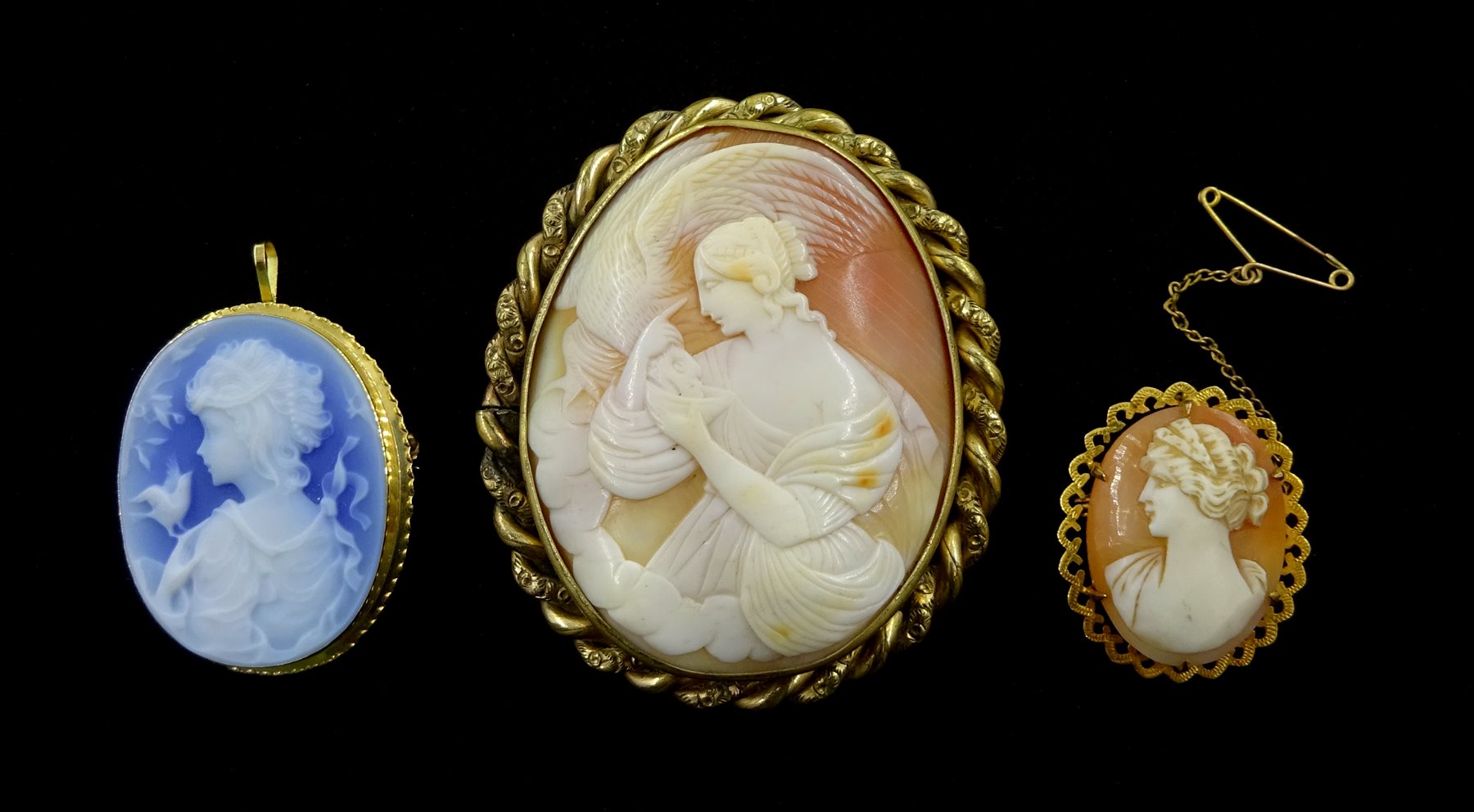 18ct gold blue agate cameo brooch despicting a lady and a bird, stamped 750, 9ct gold shell cameo brooch hallmarked and a late 19th/early 20th century gilt cameo brooch (3)