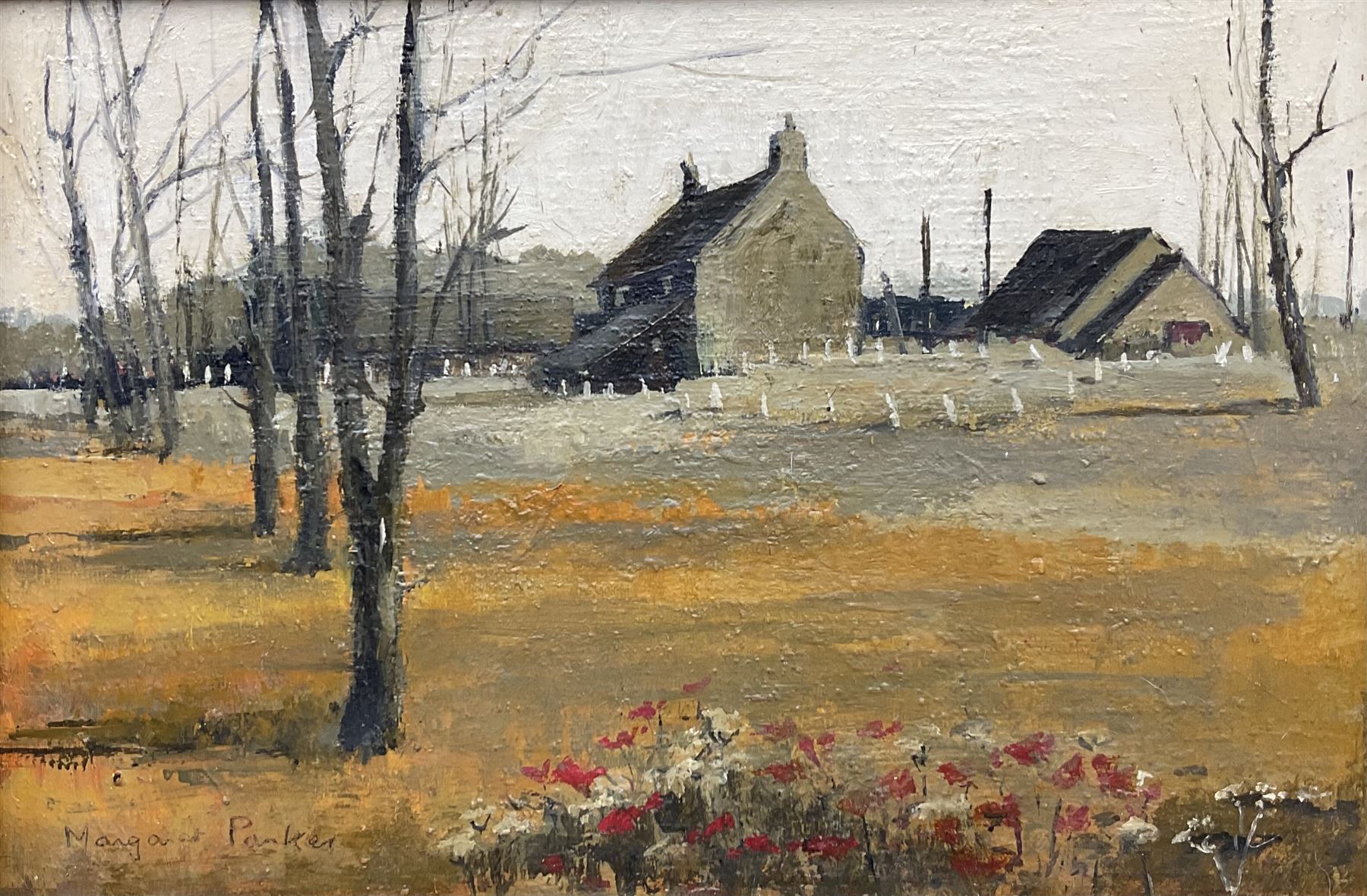 Margaret Parker (Northern British 1925-2012): Winter Farmstead, oil on board signed 23cm x 34cm