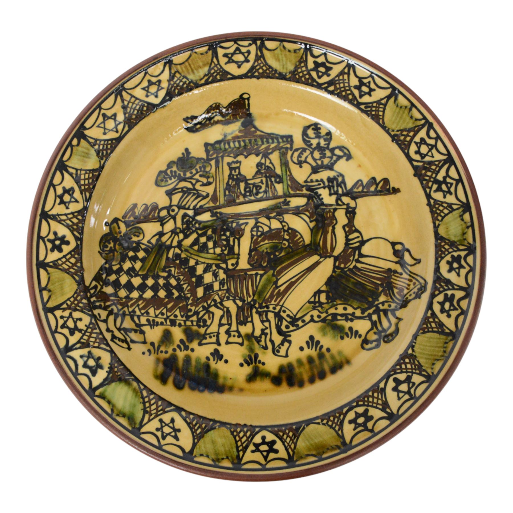 Wetheriggs Pottery of Penrith slipware Ivanhoe charger, the centre depicting a pair of jousting knights, with the King and Queen looking on, with impressed marks beneath, D51cm 