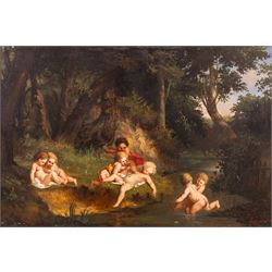 Continental School (19th Century): Cherubs near the Waters Edge, oil on canvas indistinctl...