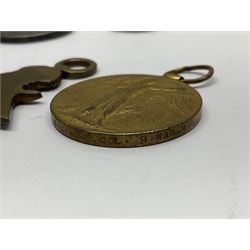 WW1 group of three medals comprising 1914-15 Star awarded to L-Cpl. W.J. Horspool R.War.R., British War Medal and Victory Medal awarded to A. Cpl. W.J. Horspool R.War.R.; WW1 British War Medal awarded to 3-8755 W.O.Cl.2. S. Paterson North'd Fus.; and hallmarked silver and enamel Northumberland Football Association Junior Cup Runners Up fob 1921-22 on silver chain (5)