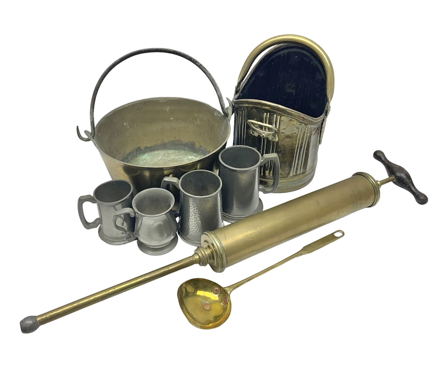 Victorian brass veterinary syringe, with wooden handle, inscribed 'to be returned to J.Cooke FRCV Scarboro' together with a brass jam pan, coal scuttle and spoon and four pewter tankards