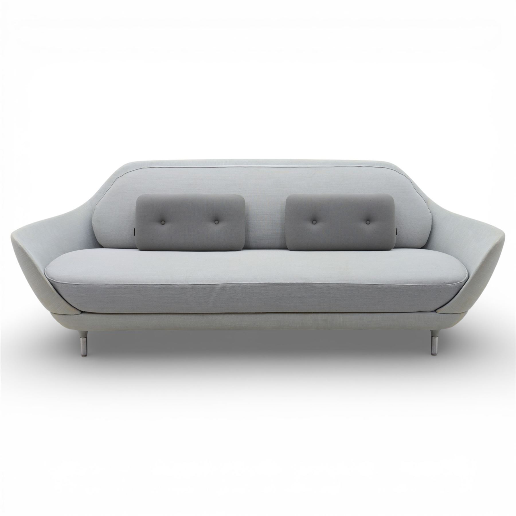 Fritz Hansen - 'Favn' sofa, designed by Jaime Hayon (1974-), upholstered in light grey fabric, the organic curved back and integrated arms enclosing loose seat and back cushions, raised on slender cylindrical metal supports