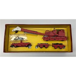 Hornby Dublo - Breakdown Crane No.4062 with screw jacks in plain red box with end label; D1 Girder Bridge, boxed; and T.P.O. Mail Van Set, boxed with mail bags (3)