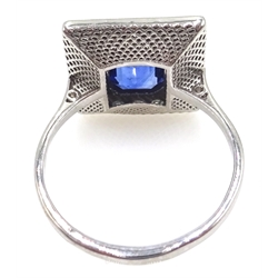  Art Deco style diamond and sapphire white gold ring, stamped 18ct  