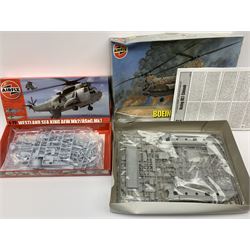 Six plastic model kits of helicopters by various makers including Airfix Boeing Chinook and two x Westland Sea King, Revell Apache, Matchbox Westland Lynx and Italeri Wessex HAS.3; together with three kits of lunar vehicles including Revell Apollo Columbia/Eagle, Command Module and Lunar Module 'Eagle'; and empty Airfix Lunar module box; all boxed  (10)