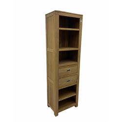 Hardwood narrow open bookcase, fitted with open shelves and two drawers
