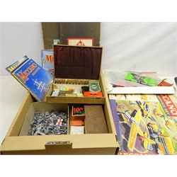  1930s & 40s Meccano Magazines, Meccano Airport Service set, other pieces of Meccano, Lead soldiers, Monopoly Board, Totopoly and other vintage games in one box  