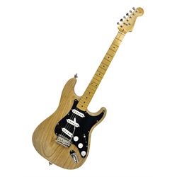 Fender Stratocaster copy electric guitar with natural two-piece ash body, Wilkinson fittings and synchronised tremolo; various patent numbers, L98cm