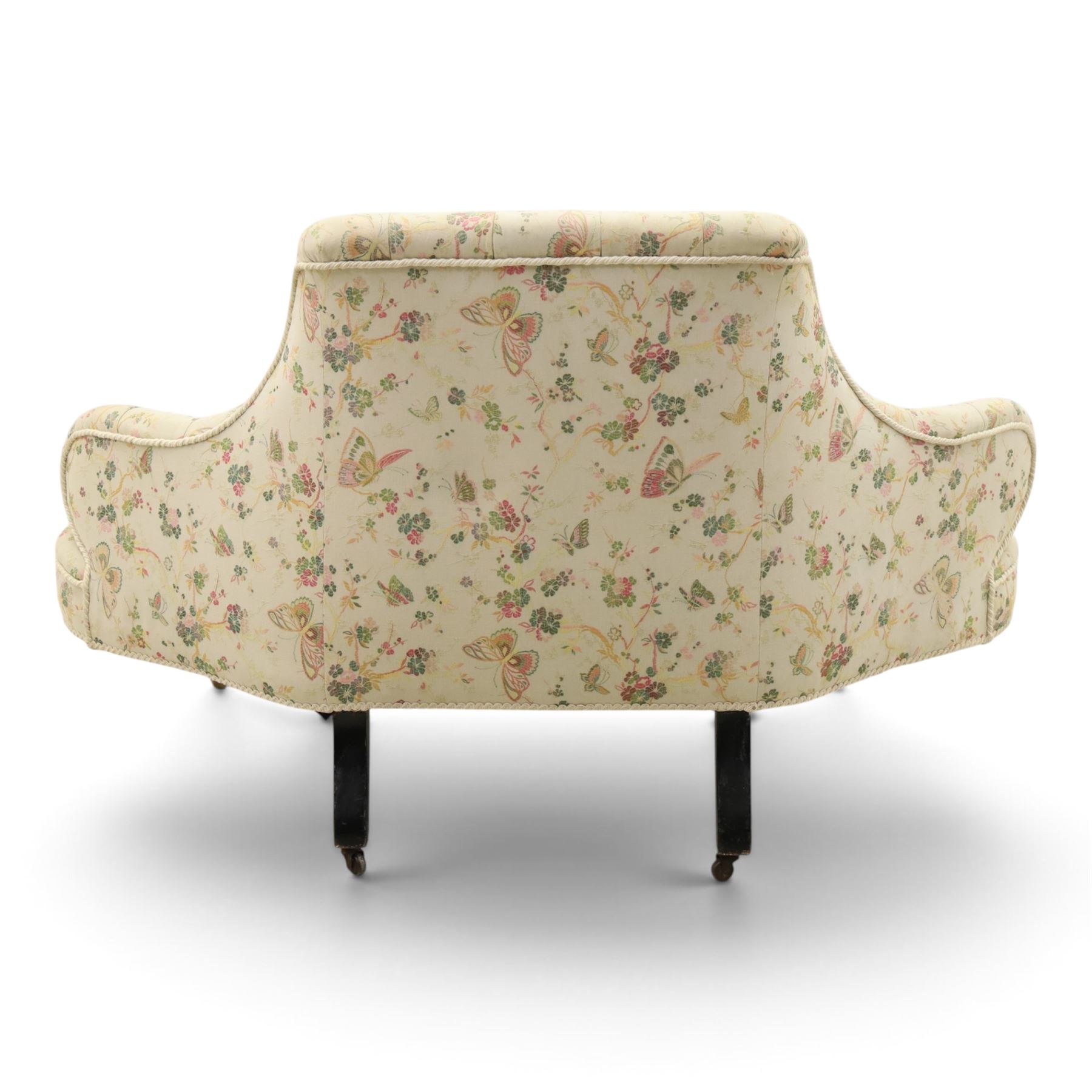 Victorian mahogany frame parlour settee, in back-buttoned floral and butterfly patterned fabric