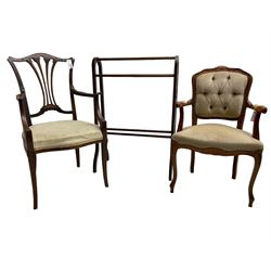 20th century upholstered four-panel folding screen (W225cm, H152cm); 20th century walnut towel rail (W66cm); Edwardian mahogany framed elbow chair inlaid with fan motif (W52cm, H96cm); French design beech framed bedroom chair (W56cm, H87cm)
