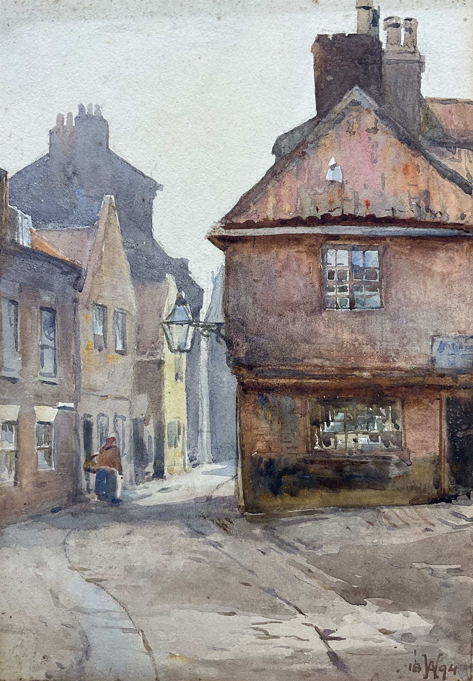 Charles William Adderton (British 1866-1944): 'Quay Street Scarborough', watercolour signed with monogram and dated 1894, 25cm x 17.5cm (unframed)
Provenance: direct from the family of the artist Harry Wanless 1872-1934, part of a collection never previously seen on the market
Notes: Adderton was a friend of the brothers Harry and Charles Wanless, all of whom studied under Albert Strange at the Scarborough School of Art School. Adderton had a studio at 55 Sandside, Scarborough between 1894 and 1901, he moved to Ockbrook Derby and later to Robin Hoods Bay where he was a member of the Fylingdales Group of Artists