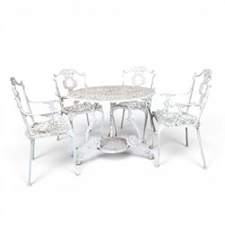 Victorian design cast aluminium circular garden table and four armchairs, ornate grape design in antique white paint