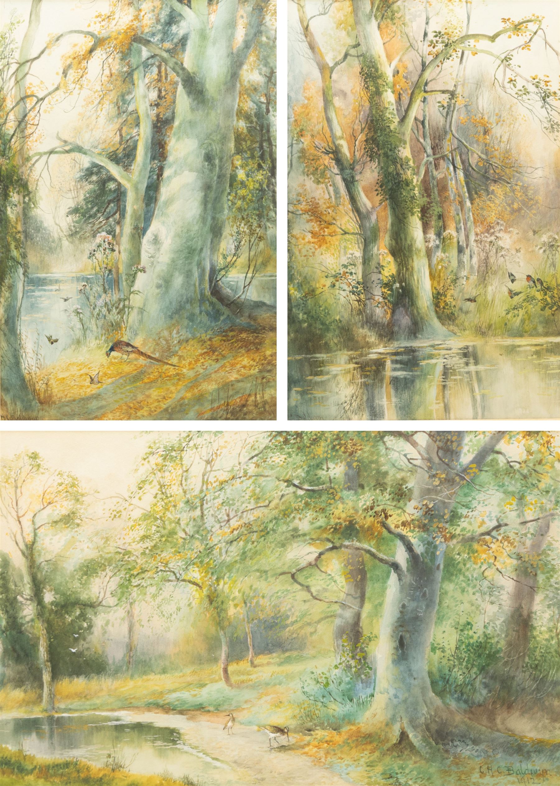 Charles Henry Clifford Baldwin (British 1849-1943): Woodland Lake Scene with Birds and Pheasants, set three watercolours signed max 45cm x 29cm (3) 
Notes: Baldwin was a longstanding artist for Royal Worcester