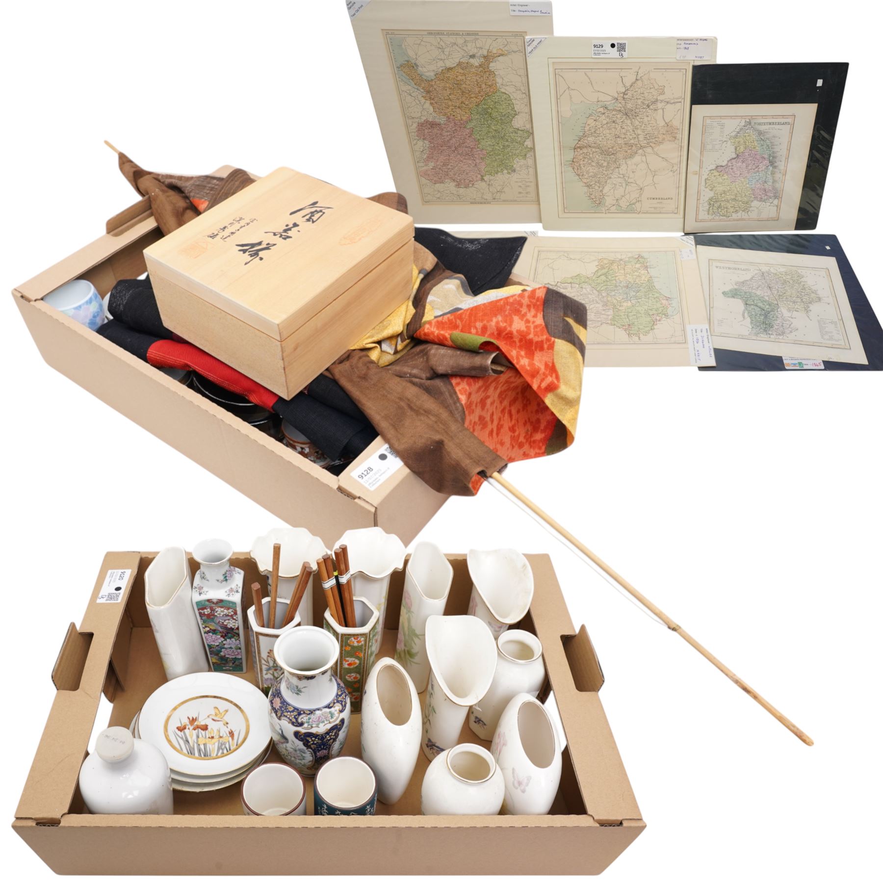 Box containing items of Fukagawa porcelain, number of small Japanese decorative bowls, coffee set and three wall hangings, English county maps and a collection of Japanese floral decorated vases and plates
