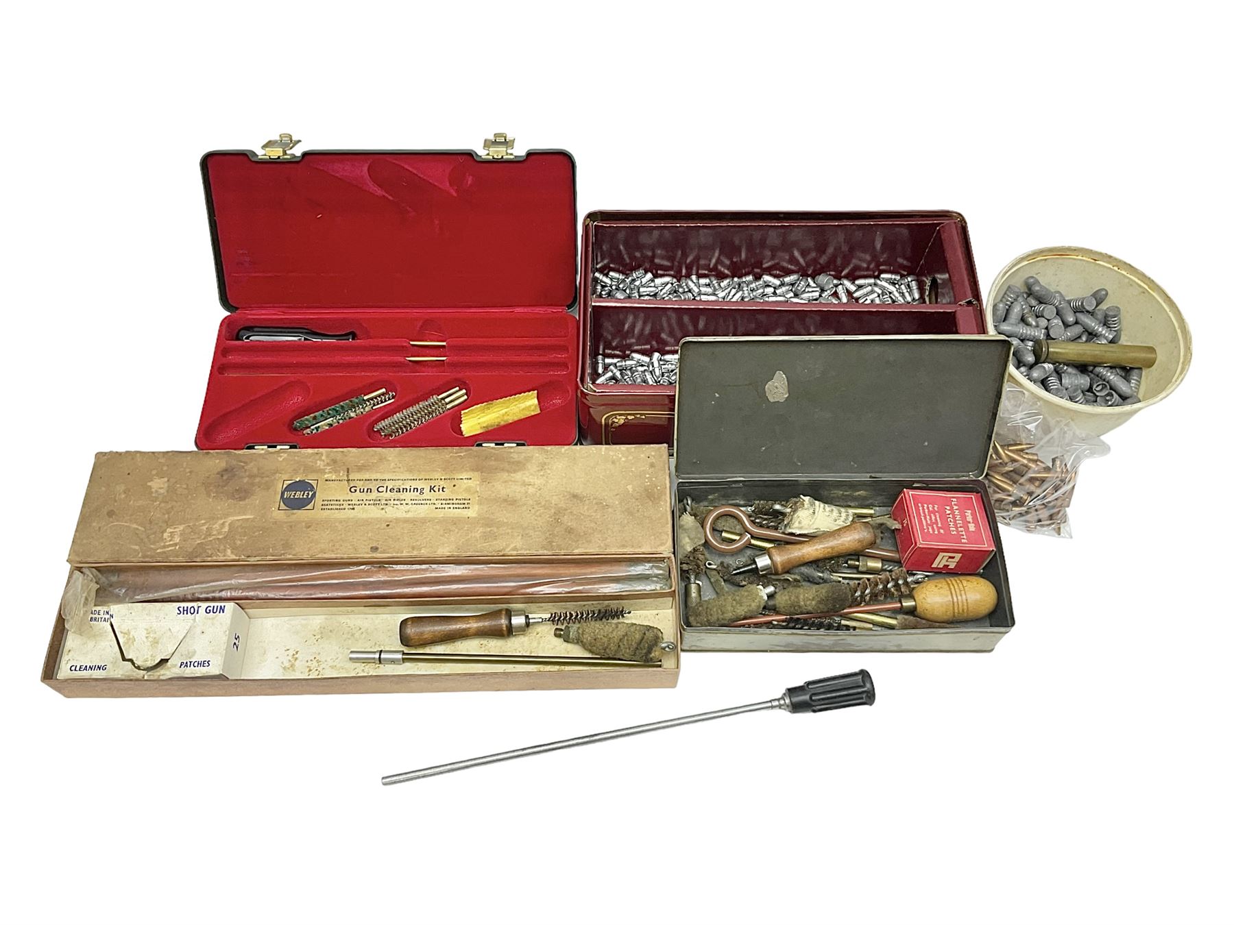 Assorted gun cleaning equipment including .303 brass oil bottle and boxed Webley Cleaning Kit etc; together with quantity of various calibre bullets for reloading 