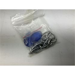 Glass four light chandelier, the baluster shaped central glass column supporting four curved branches with drip pans and blue glass drops, approx height excl fitting H50cm