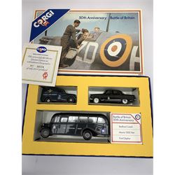 Various makers - twenty commemorative and promotional die-cast models including Corgi 50th Anniversary of the Battle of Britain and Italian Job Set, Lledo RAF personnel Transport Set, 50th Anniversary of Pearl Harbour Set, Home Front Collection, NYMR Set etc, Gate Laurel & Hardy Jeep, four Vanguards commercial vehicles etc; all boxed