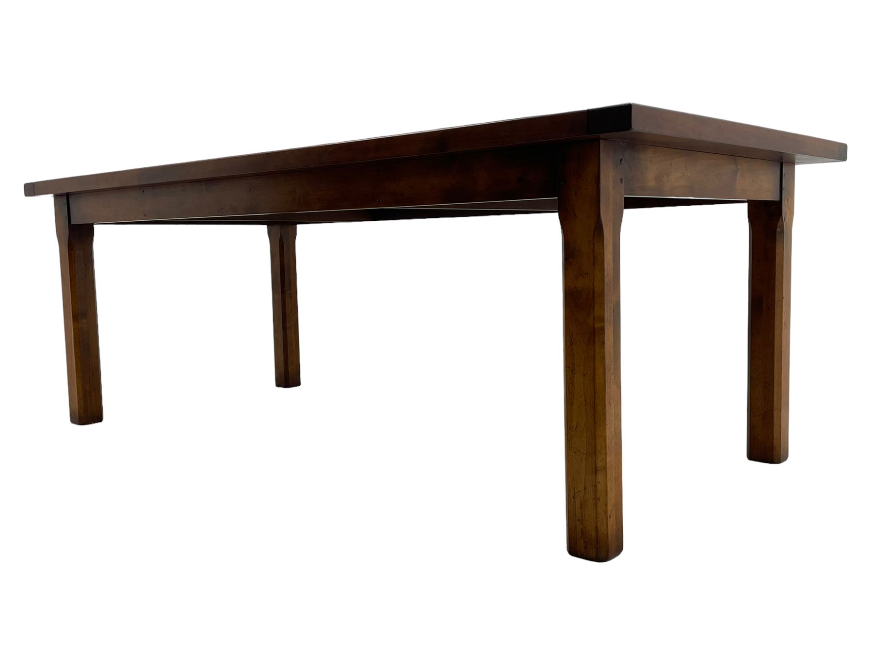 Contemporary French farmhouse design cherry wood dining table, rectangular bordered top on square chamfered supports 