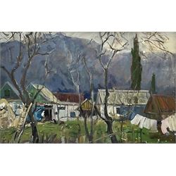 Alexander Georgievich Gulyaev (Russian 1917-1995): Russian Village around the Dachas, oil on board signed titled and dated 1990 verso 47cm x 68cm