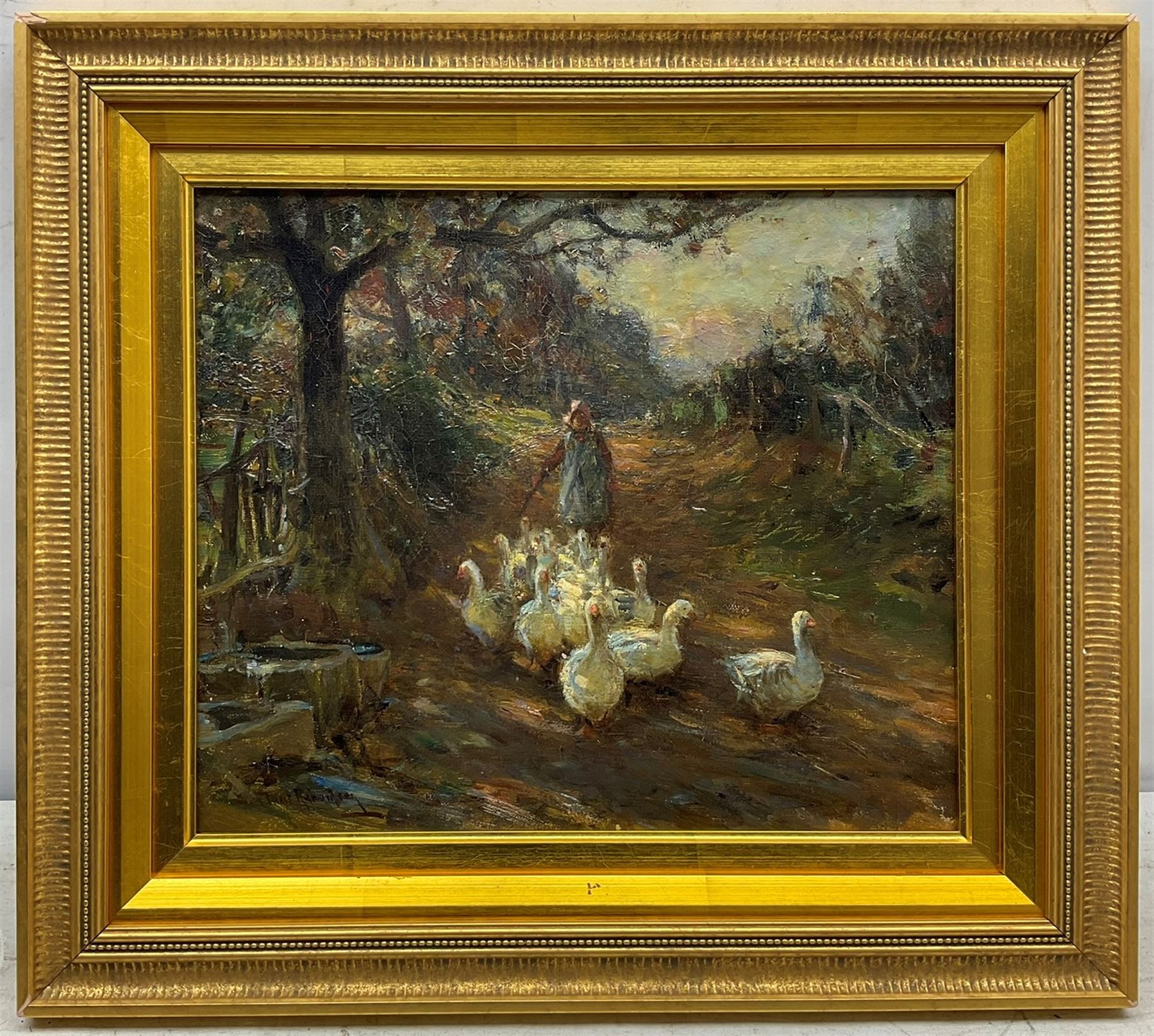Frederic Stuart Richardson (Staithes Group 1855-1934): The Goose Girl, oil on canvas signed 29cm x 34cm