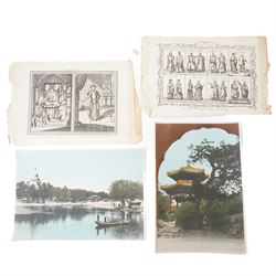 Pair of 19th century Chinese engravings 'The Various Habits of the Chinese and Tartars' 'The Chinese Idol Xekia' and 'The Supreme Monarch of the Chinese Empire', engraved for Drakes Voyages; together with two early 20th century coloured photographs of Peking and The Winter Palace 22cm x 31cm (4) (unframed)