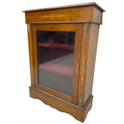Victorian walnut pier cabinet, moulded rectangular top over inlaid frieze, enclosed by single glazed door, the uprights inlaid with extending stylised foliage decoration and cast gilt metal mounts, on moulded plinth base