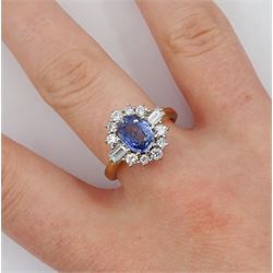 18ct gold oval sapphire, baguette and round brilliant cut diamond cluster ring, Birmingham 1991, sapphire approx 1.35, total diamond weight approx 0.50 carat