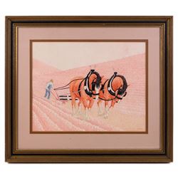 MA Reed (British 20th Century): Horses Ploughing, ink and watercolour signed and dated '81, 38cm x 48cm