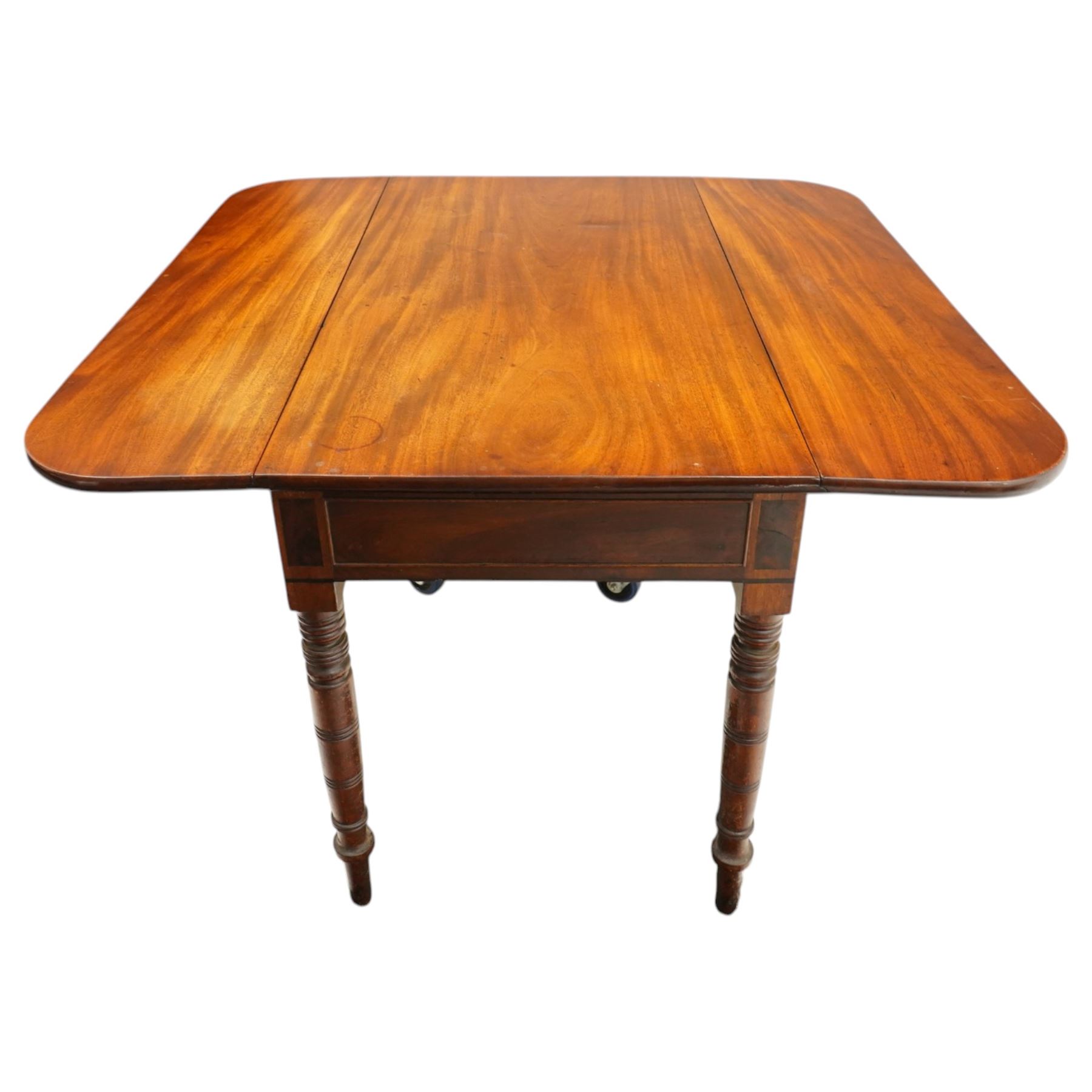 Victorian mahogany drop-leaf tea table, with set four Victorian balloon back dining chairs (Chairs H 86cm, D 43cm, W 45cm)